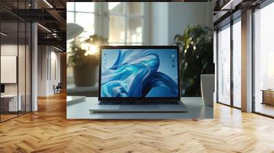 A sleek computer setup in a modern, minimalist workspace, A thin, glossy laptop sits open on a clean white desk, its screen displaying vibrant Wall mural