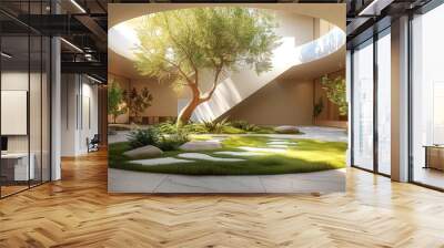 A small garden with grass and an olive tree in the middle of an open space. Interior design for luxury hotel lobby. Generative AI. Wall mural