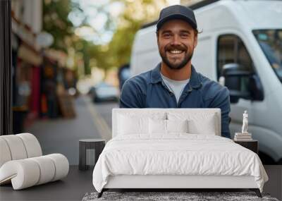 A smiling delivery man stands with his arms crossed in front of a white van. Generative AI. Wall mural