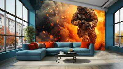 A soldiers running with gun. fire background, capturing the essence of battlefield adrenaline and bravery. Wall mural