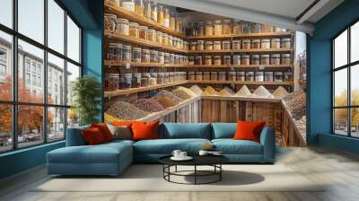 A spice shops. stores dedicated to spices. the shops have an elegant and rustic. Generative AI. Wall mural