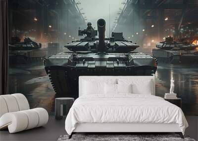 A tank parked in a futuristic military base garage. Generative AI. Wall mural