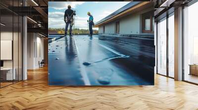 A team of construction workers in safety harnesses applying a black sealant coating to the flat roof of a suburban home. Generative AI. Wall mural