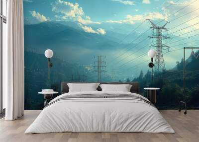 A towering high-voltage transmission lines snake their way across rugged mountain ranges, their steel towers rising majestically against the backdrop of craggy peaks and lush greenery. Wall mural