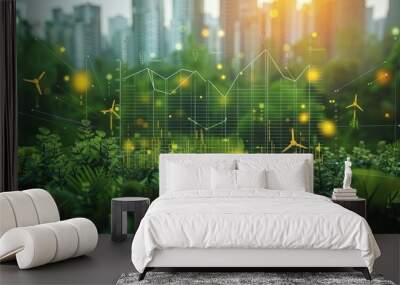 A visually compelling graph and analysis image for an ECO business, highlighting sustainability and incorporate key data points, and include symbols representing renewable energy. Generative AI. Wall mural