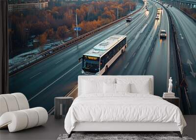 A white bus is driving on the highway. Travel and bus tourism concept. Wall mural