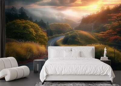 A winding road beautiful rural. Generative AI. Wall mural