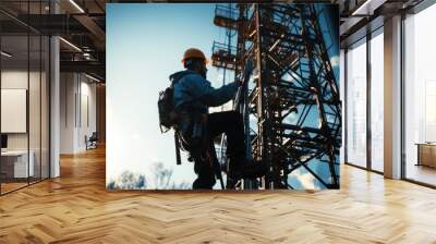 A worker in work climbing an antenna tower. Wall mural