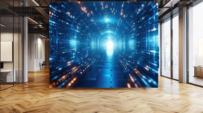 Abstract concept of blue tunnel with computer number matrix code. big data information internet storage connection server in a tech company. Generative AI. Wall mural