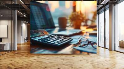 Accountant workplace, Calculator, Laptop computer and glasses at office desk. Generative AI. Wall mural