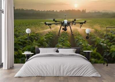 Aerial view of Spraying agricultural chemicals from a drone in the field. Generative AI. Wall mural