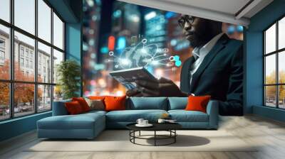 African American businessman holding smart tablet screen in hands analyzing the world economy stock market. Generative AI. Wall mural