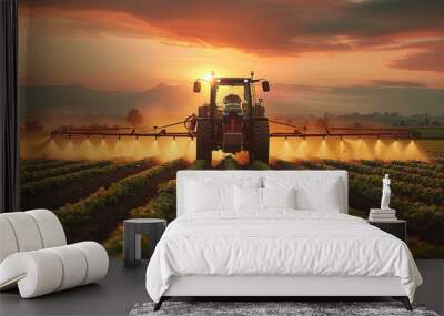 Agriculture industry production and food supply, irrigation tractor driving spraying or harvesting at farmland. Generative AI. Wall mural