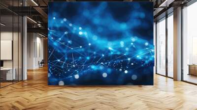 An abstract digital network with glowing blue lines and dots on a dark background. The lines form a geometric web-like pattern connecting multiple bright node, digital communication and data exchange. Wall mural