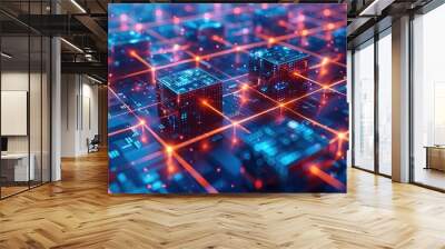 An abstract representation of blockchain blocks interconnected by glowing lines, illustrating the secure and transparent nature of blockchain networks. Generative AI. Wall mural