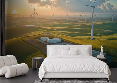 An aerial view of a battery energy storage system with a substation in a green landscape and windmills in the background. Generative AI. Wall mural