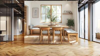 An airy dining room with natural wood furniture, including chairs and a table, set against white walls. a grey fabric bench seating area. Generative AI. Wall mural