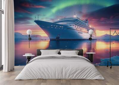 An all-inclusive Northern Lights cruise. a luxury cruise ship sailing through the serene, icy waters under the vivid, colorful display of the aurora borealis in the night sky. adventure and elegance. Wall mural