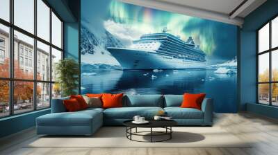 An all-inclusive Northern Lights cruise. a luxury cruise ship sailing through the serene, icy waters under the vivid, colorful display of the aurora borealis in the night sky. adventure and elegance. Wall mural