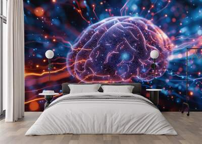 An artificial brain, neural networks gradually growing and extending in a visually captivating manner, illuminated by pulsating lights mimicking a heartbeat. Generative AI. Wall mural