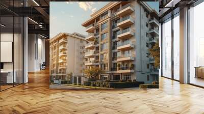 An exterior view of an apartment building in city. A residential block with balconies on the side and an entrance gate at its front. Generative AI. Wall mural