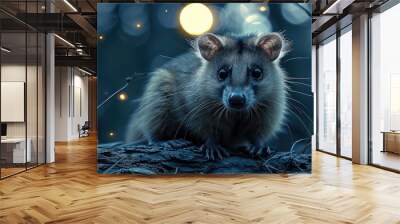 An opossum in the night, shiny moon background. Generative AI. Wall mural