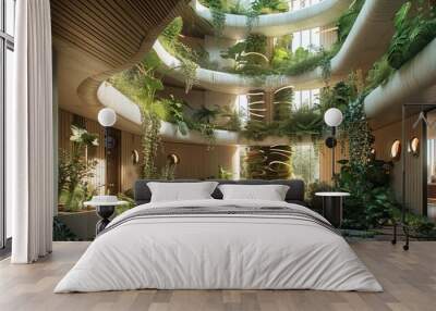 Architectural vertical ecological agriculture centre, wood walls, pendant plants. Generative AI. Wall mural