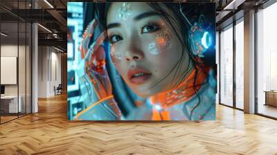 Asian lady wearing futuristic cyber feel clothes, red blue tone, in a futuristic operating station. Generative AI. Wall mural