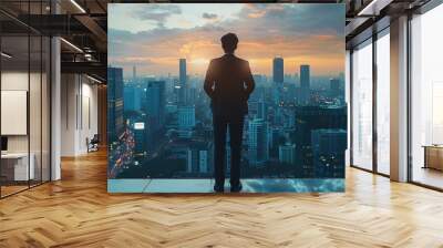 Back view business man executive standing in modern big city looking and dreaming of future business, success business mission ambition and vision concept with futuristic. Generative AI. Wall mural