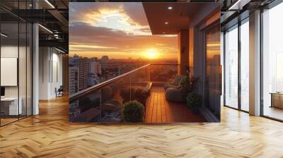 Balcony with west side view, sunset, city view. Generative AI. Wall mural