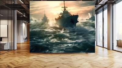 Battleships warships corvette in a military combat zone maneuvering over water at sea. Warships, Boats perform tasks in sea, military warships sailing, Navy Wall mural