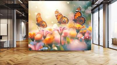 Beautiful bees and butterfly on the spring flower garden blur background. Wall mural