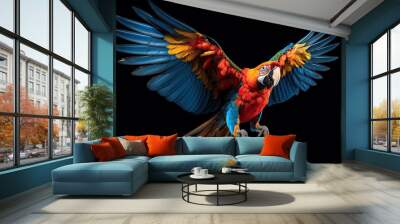 Beautiful colorful parrot flying on black background,Generative, AI, Illustration.,Generative, AI, Illustration. Wall mural