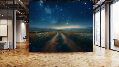 Beautiful country landscape at night with a trail on the center. Generative AI. Wall mural