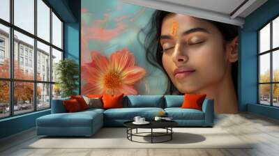 Beautiful Indian modern woman with flower on color background. Generative AI. Wall mural