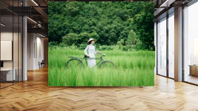 Beautiful woman in white Ao dai Vietnam Traditional dress at farmland Wall mural