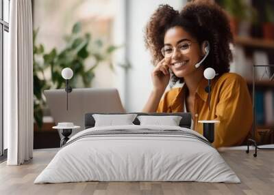 Beautiful young smiling woman making call via smartphone while working remotely from home, Talking to coworkers. Wall mural