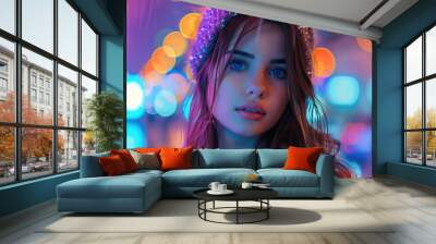 Beautiful young woman is immerse into the vibrant energy of a city night, where neon lights paint the streets with mesmerizing hues. Generative AI. Wall mural