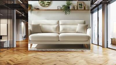 Beige two seater sofa with wooden legs and a white rug in the modern home interior design of an industrial living room, decorated with plants on a shelf and a mirror over the coffee table. minimalist. Wall mural