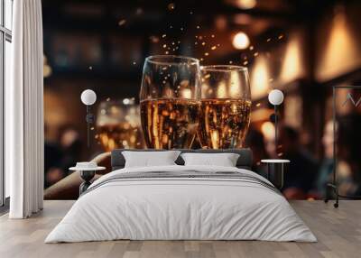 Birthday Celebratory Toast with String Lights and Champagne Silhouettes. Wall mural