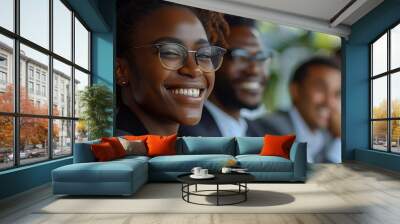 Black professional high level executives smiling having a business meeting, women and men working at height business office. Generative AI. Wall mural