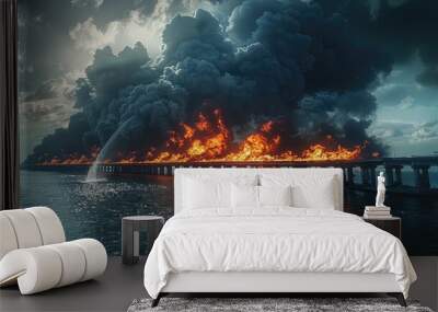 Bridge was engulfed in flames, accompanied by large flames and thick clouds of ash smoke. Generative AI. Wall mural