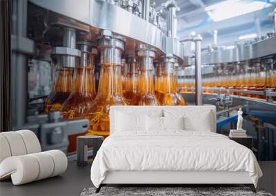 Brown plastic bottles with beer moving on conveyor, Concept production line of brewery, Modern food industry. Wall mural