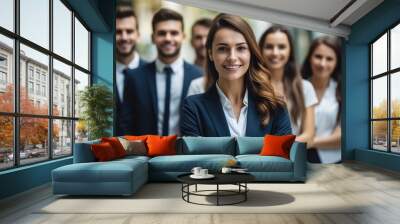 Business people standing in a row formal cloth smile confident and cheerful in modern office background. Wall mural