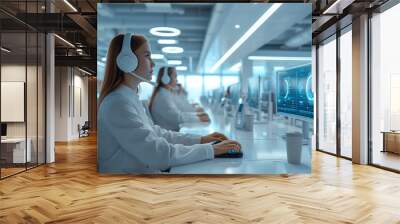 Call center with futuristic design with human AI assisted employees, showcasing the next generation of customer service. Generative AI. Wall mural