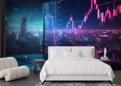 Chart, trading, space in the background with turquoise purple and light blue colors. Generative AI. Wall mural