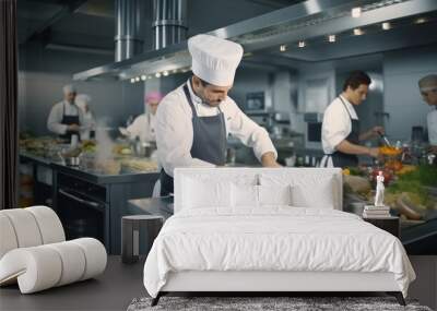 Chefs in commercial kitchen, Head chef finishing dish in kitchen at restaurant. Wall mural