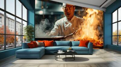 Chinese chef with a big pan cooking gourmet food. Generative AI. Wall mural