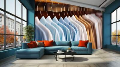 close-up of casual men's shirts hanging on wooden hangers. Wall mural