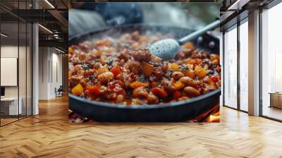 Close up of hands cooking a very tasty dish and very clean on a camping stove. Wall mural